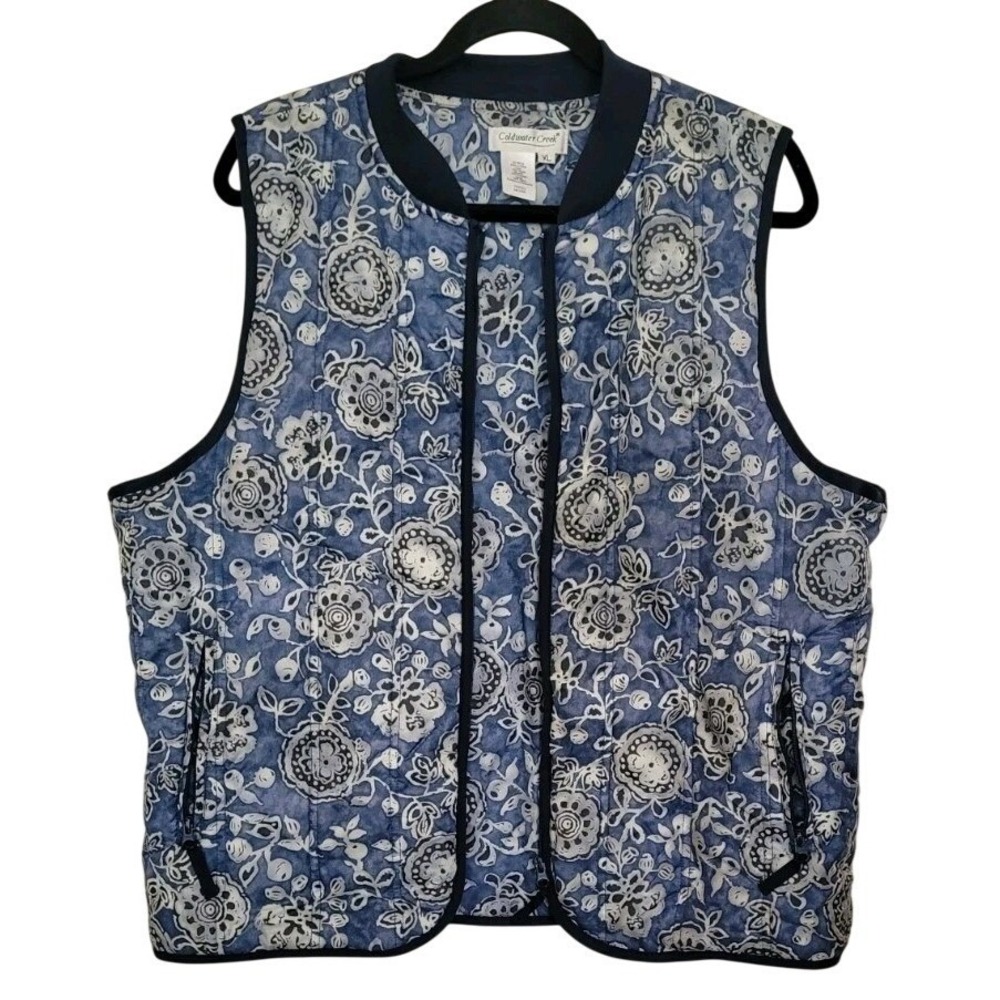 Coldwater Creek Womens Blue Floral Quilted Vest Pockets Mid-Length XL Grannycore